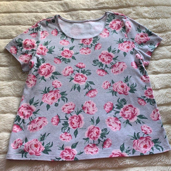 Pink roses on grey short sleeved scoop neck Soft CASUAL t-shirt tunic top XL - Picture 3 of 9